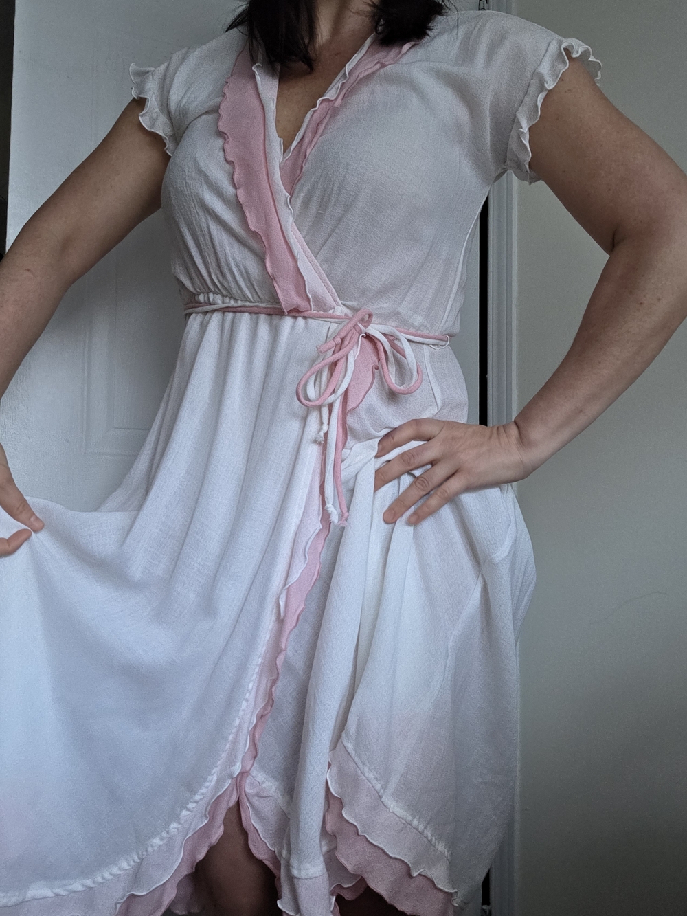 Vintage 1970s Canadian Romantic Wrap Dress – Cream & Ballet Pink Ruffle Dress